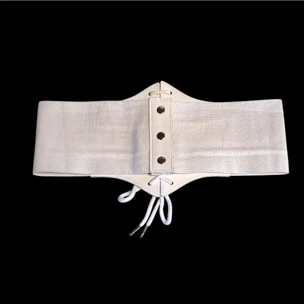 White Vegan Leather Under Breast Corset Stretch Lace‎ Up Belt One Size